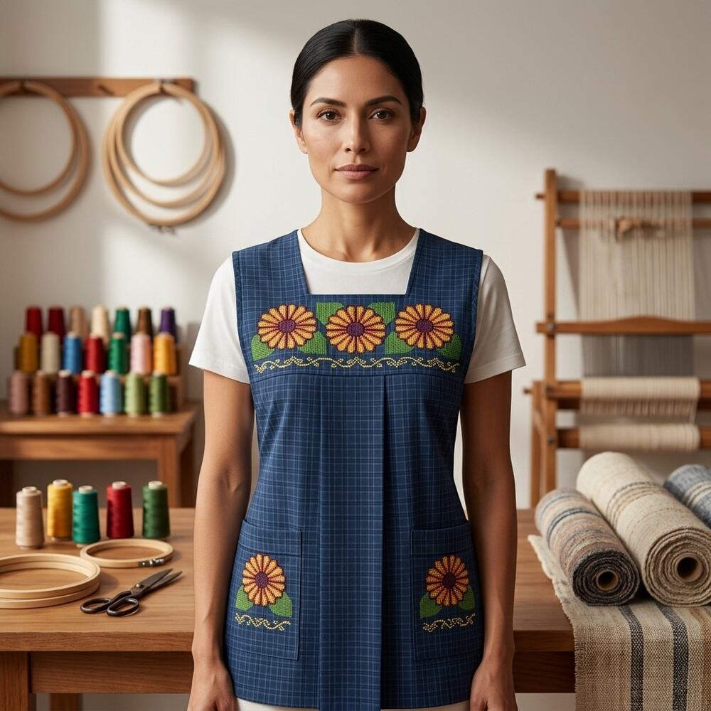 Traditional Mexican Cross-Stitch Embroidered Apron – Deluxe Artisan Smock Style